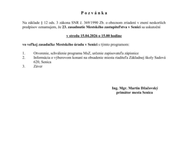 Pozvánka na 23. zasadnutie Mestského zastupiteľstva v Senici