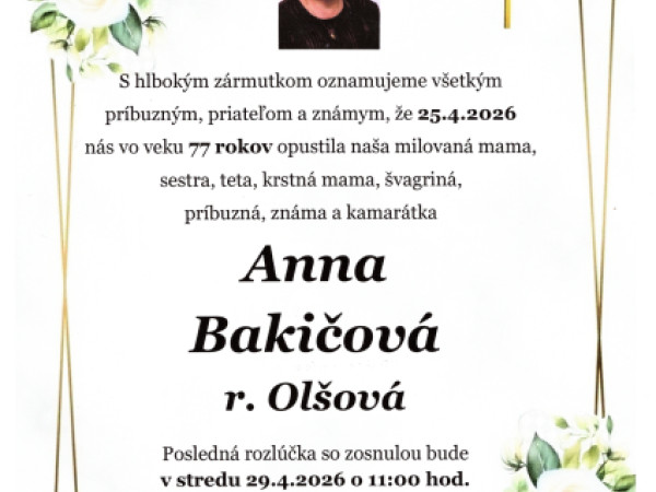 Anna Bakičová r. Olšová