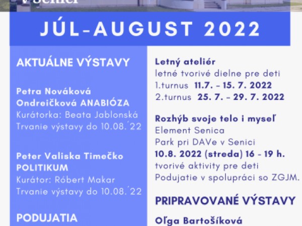 Program Záhorskej galérie J. Mudrocha v Senici na mesiace júl a august 2022