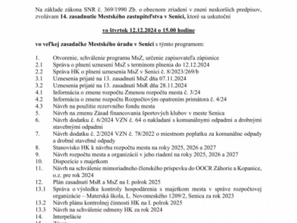 Pozvánka na 14. zasadnutie Mestského zastupiteľstva v Senici vo štvrtok 12.12.2024