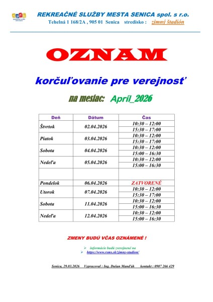 Verejné korčuľovanie - apríl 2026