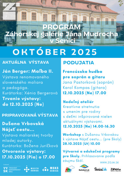 Program podujatí Záhorskej galérie Jána Mudrocha v Senici - október 2025